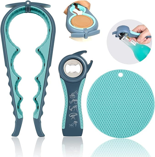 Jar Opener for Weak Hands, Seniors with Arthritis, 5 in 1 Multi Function Bottle Opener Lid Opener For Arthritic Hands with Non Slip Rubber Jar opener Gripper Pad(blue)