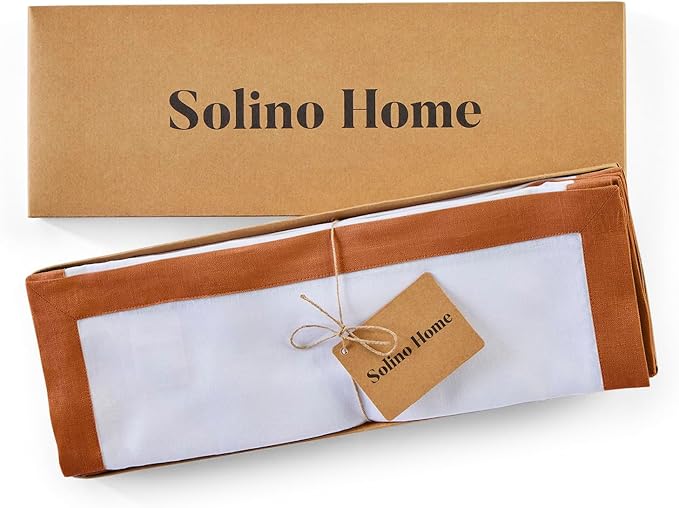 Solino Home Linen Placemats Set of 4 - Cinnamon and White Placemats 14 x 19 Inch - 100% Pure Linen Table Place Mats - Classic, Handcrafted and Machine Washable