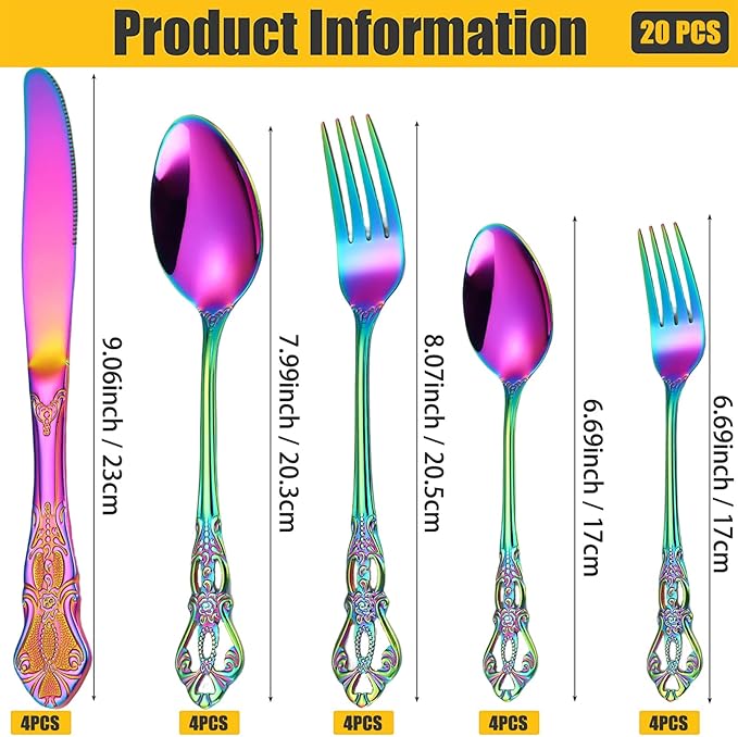Vilihkc Gorgeous Retro Royal Stainless Steel 20 Pieces Flatware Set, Silverware Set, Anti-rust Stainless Steel Cutlery Set Utensils Including Fork Spoon and Knife