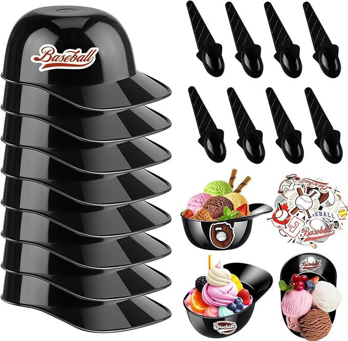 MEEZY 16 Set Baseball Helmet Ice Cream Bowls with 8 Mini Dessert Cups and 8 Spoons, 8oz Reusable Baseball Cap Snack Dessert Cup Bowls Baseball Party Favors for Kids Sports Birthday Party Supplies