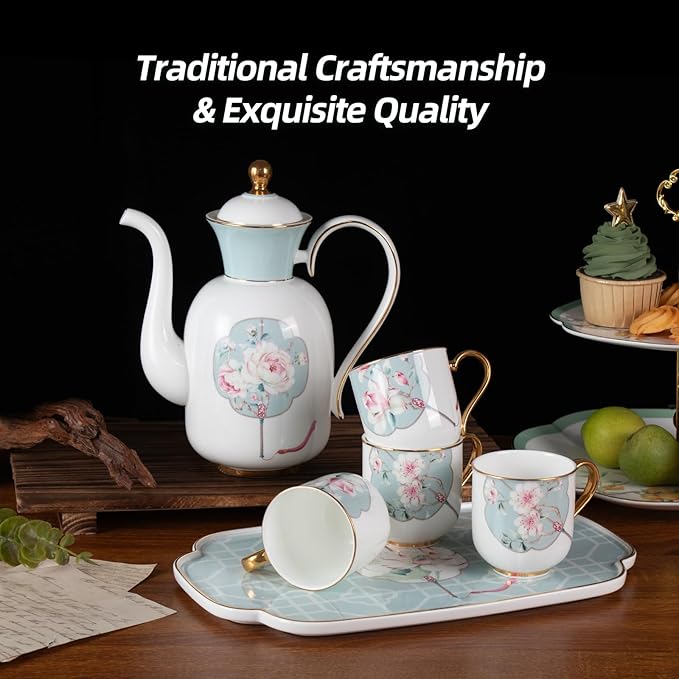 KAMMAK Tea Pot and Cups Set for Adults, Bone China Tea Cup with Teapot, Porcelain Coffee Cups and Pot, Teapot with Tray and Gift Box for Latte, Afternoon Tea Party