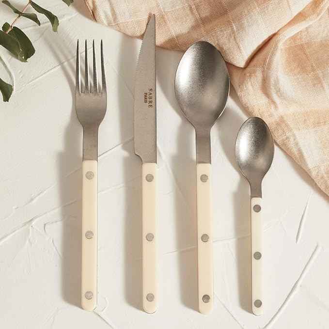 SABRE PARIS - 5-Piece Flatware Set - Bistrot Vintage Collection - Knife, Fork, Soup Spoon, Teaspoon & Dessert Fork - Stainless Steel & Nylon - Dishwasher Safe - Ivory - Mat Finish