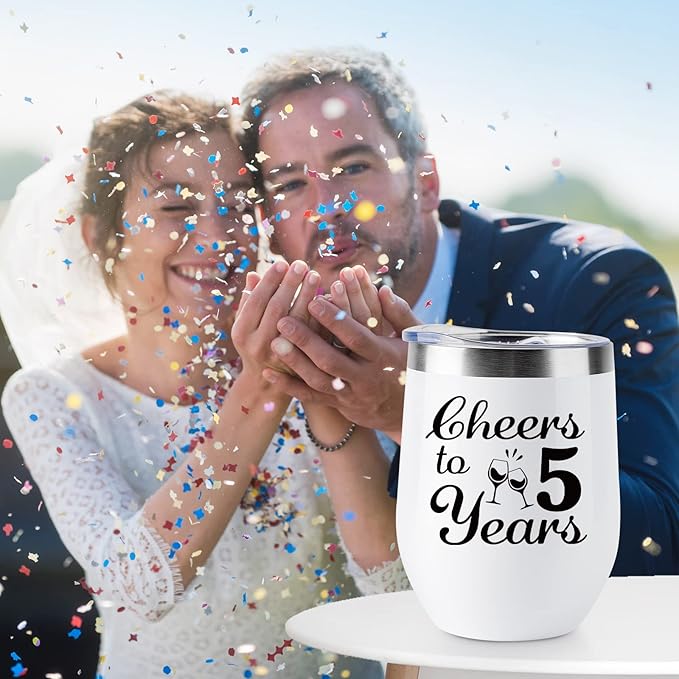 5th Anniversary Wedding Gifts for Couple - Wooden Wedding Five Years Anniversary Decorations - 2 Pack Wine Tumbler, 12 OZ