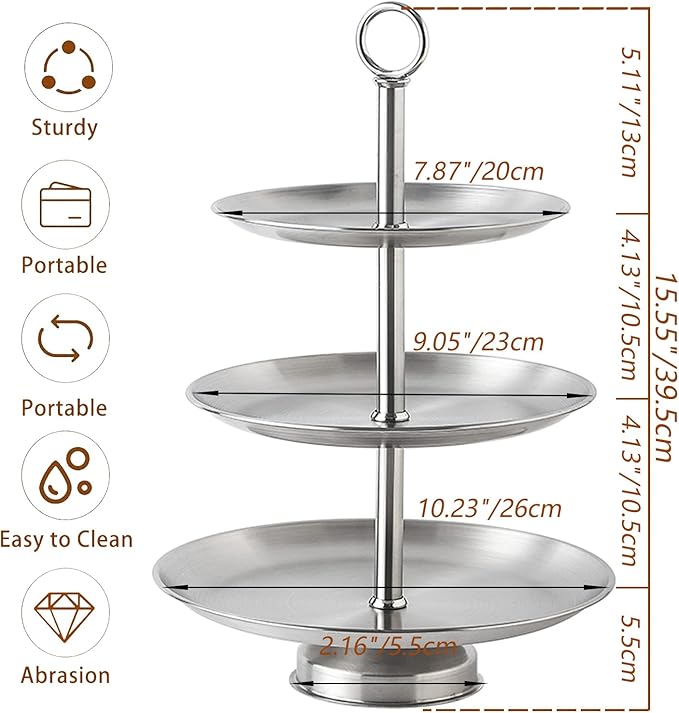 3 Tier Silver Metal Cupcake Stand Holder,Stainless Steel Cup Cake Stand Tower with Tiered Serving Tray and Base for Parties,Weddings,Birthdays and Any Festivals and Celebrations(2 Pack)