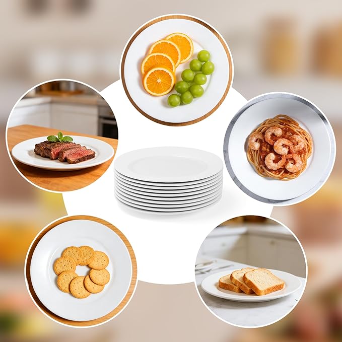 12 Pieces 8 Inch Round Porcelain Plates Set, Round Ceramic Salad Dessert Dinner Plates, Lead-Free, Microwave, Dishwasher, Oven & Freezer Safe