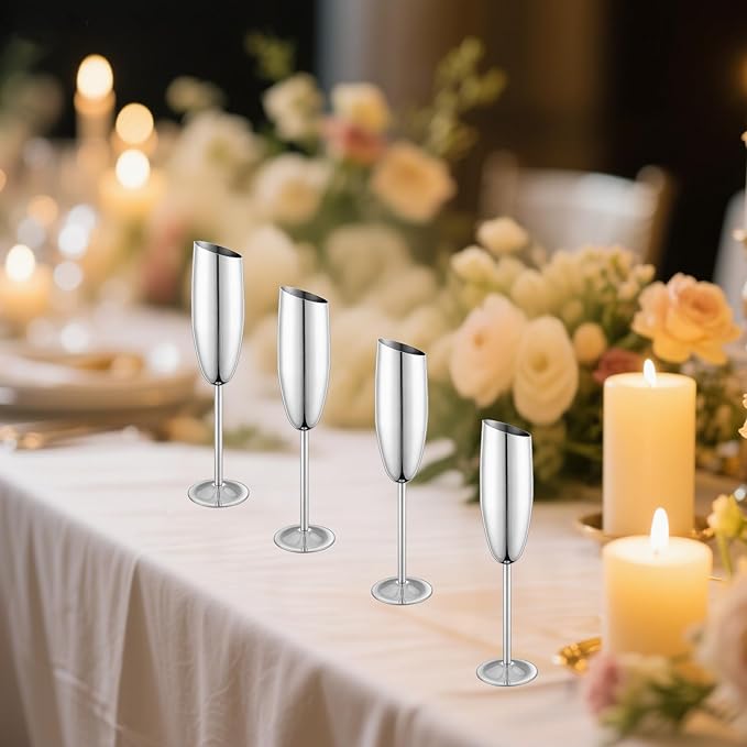 Champagne Flutes Set of 2, Premiumty Stainless Steel High Footed Champagne Glasses, 7oz Capacity,Unbreakable Slanted Champagne Glasses