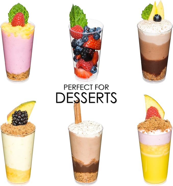 DLux 100 x 3oz Mini Dessert Cups with Lids & Spoons, Shooter - Clear Plastic Parfait Appetizer Cup - Small Reusable Cups for Tasting Party Desserts Appetizers - With Recipe Ebook
