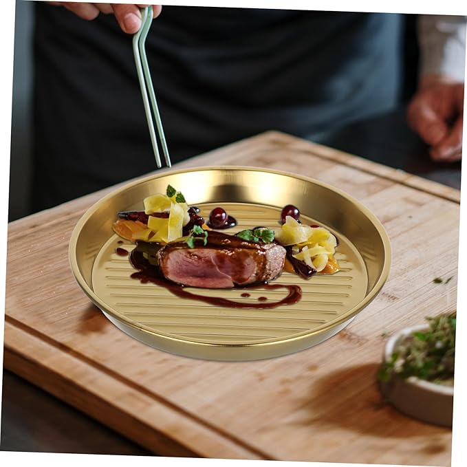 Mobestech Golden Stainless Steel Steak Plate Round Serving Tray for Seafood and Snacks Elegant Design for Family Meals and Outdoor Bbqs and Portable Dinner Plates