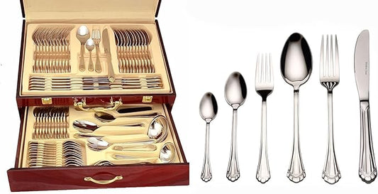 "Euro" 75-Piece Flatware Set, Silverware Cutlery Dining Service for 12, Premium 18/10 Surgical Stainless Steel, Hostess Serving Set w/Wood Flatware Chest