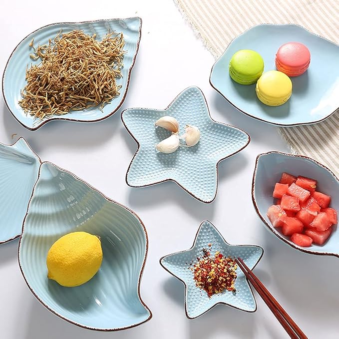 Small Plate Set of 2 Sauce Dish Ocean Starfish Shell Fish Shape Ceramic Appetizer Plates Snack Fruit Sushi Dessert Jewelry Plates Dinnerware Trays Home Decoration Salad Plates (Size : 6.30x4.13in)