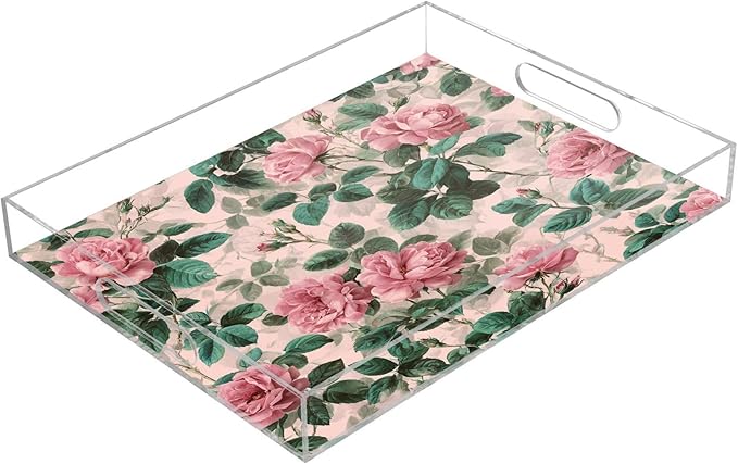Serving Tray with Handles Clear Acrylic Tray 12x16 Inch Decorative Rectangular Tray Organizer for Ottoman Coffee Table Bathroom Pink Vintage Roses with Leaves