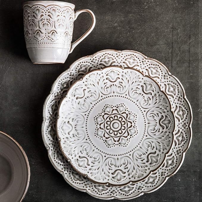 Dinner Plates,Pottery Tableware,16-pcs Dinnerware Sets, Ceramics Dinner Sets Pastoral Style, Complete Table Service Include Plates, Bowls and s, Compatible wit