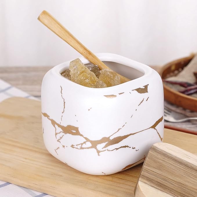 VanEnjoy Decorative Marble Pattern Ceramic Sugar Spice Containers Porcelain Jar with Bamboo Lid and Spoon Condiment Jar for Home