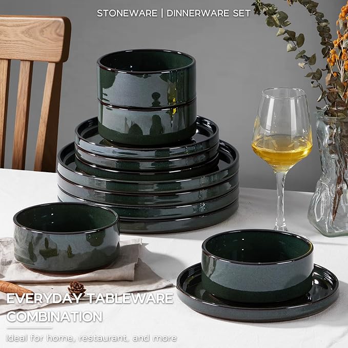 Onader Stoneware Dinnerware Sets for 4, Reactive Glaze Plates and Bowls Sets, Ceramic Dish Dinner Set with Rustic Terracotta Bottom, 12 Piece Elegant Dishware - Emerald Green
