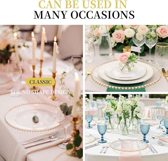 50 Pcs Clear Charger Plates with Beaded Rim 13 Inch Acrylic Gold Beaded Charger Plates Bulk for Wedding Party Dinner Birthday Decoration