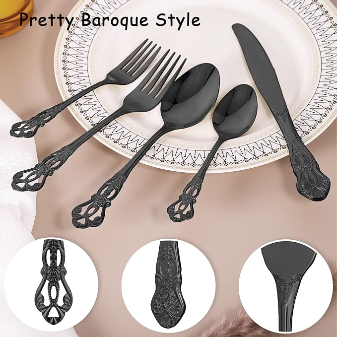 40 Piece Gorgeous Retro Royal Black Silverware Set for 8, Premium Stainless Steel Flatware Set with gift box, Mirror Polished Cutlery Set Including Spoons and Forks, Vintage Utensils, Dishwasher Safe