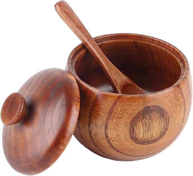 Hapivida Wood Salt Spice Box with Lid Spoon, Salt Cellar Salt Pepper Keeper Spice Bowls for Cooking Sugar Holder for Kitchen Seasoning Container Holder