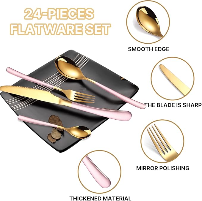 24 Pieces Silverware Set, Stainless Steel Flatware Set with Silverware Holder Spoons Forks Knives Set,Utensils Set Service for 6,Cutlery Set for Kitchen (Pink)