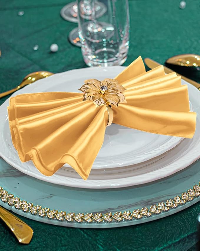 CROWN GUIDE 12 Pack Gold Napkin Rings and Cloth Napkins Set of 6, 17x17 Satin Cocktail Napkins Bulk Table Napkins Holder for Wedding Reception Personalized Napkins Bridal Shower for Party Decorative