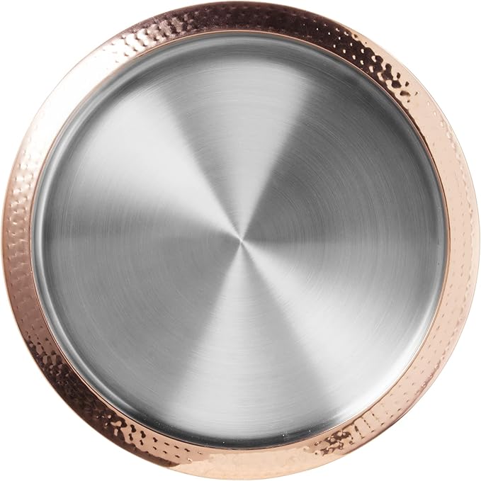 OGGI Round Stainless Steel Tray with Copper Rim 14" - Ideal for Coffee Table, Decorative, Tea and Bar Serving