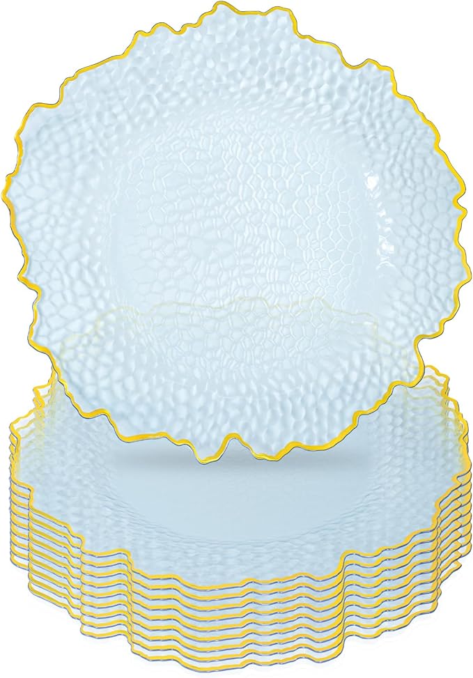 10 Pcs Clear Charger Plates 13 Inch Hammered Blue Plastic Charger Plates with Gold Rim, Transparent Blue Chargers for Dinner Plate, Stone Texture Plate Round Chargers for Wedding Party, Event