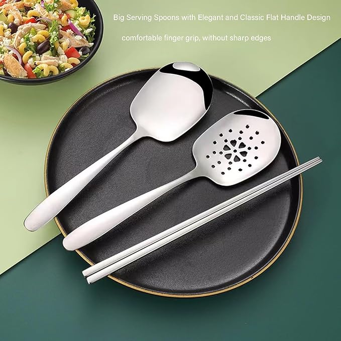 X-Large Serving Spoons Set, 304 Stainless Steel Big Metal Spoons, 9.8 Inch Serving Utensils for Buffet, Catering, Parties, Dishwasher Safe (2-Piece)