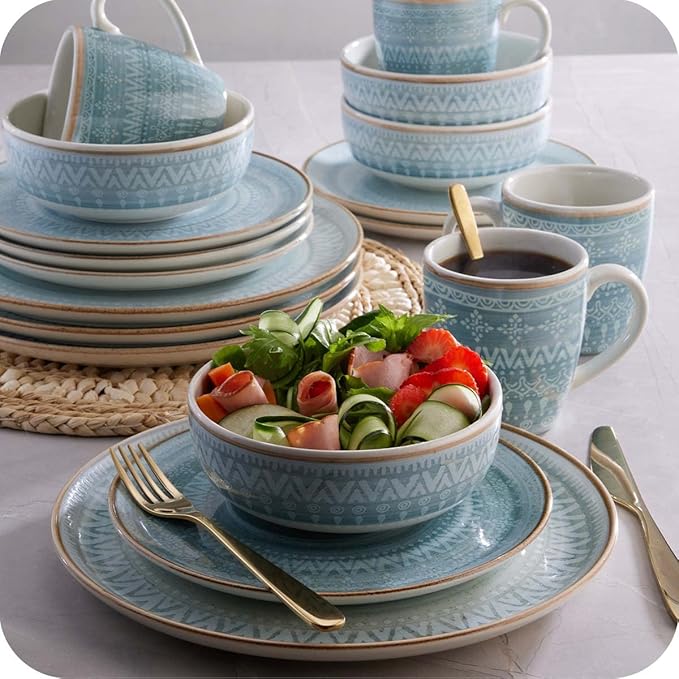 Corona Dinnerware Set 16– piece, Plates Bowls and Mugs Set, Ceramic Sets for 4, Microwave and Dishwasher Safe, Congo Etnic Design