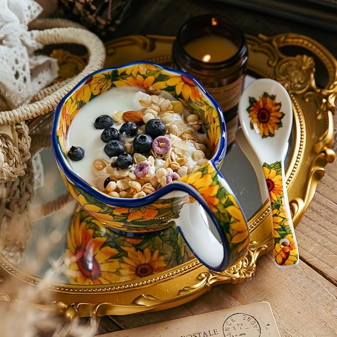 16.91oz/500ml Handpainted Soup Bowl with Handle,Ceramic Cereal Bowl Microwave &Dishwasher Safe,Loop Handle Bowl Great for Soup,Yogurt,Snack,Chip,Stew,Ice Cream,Coffee (Sunflower)
