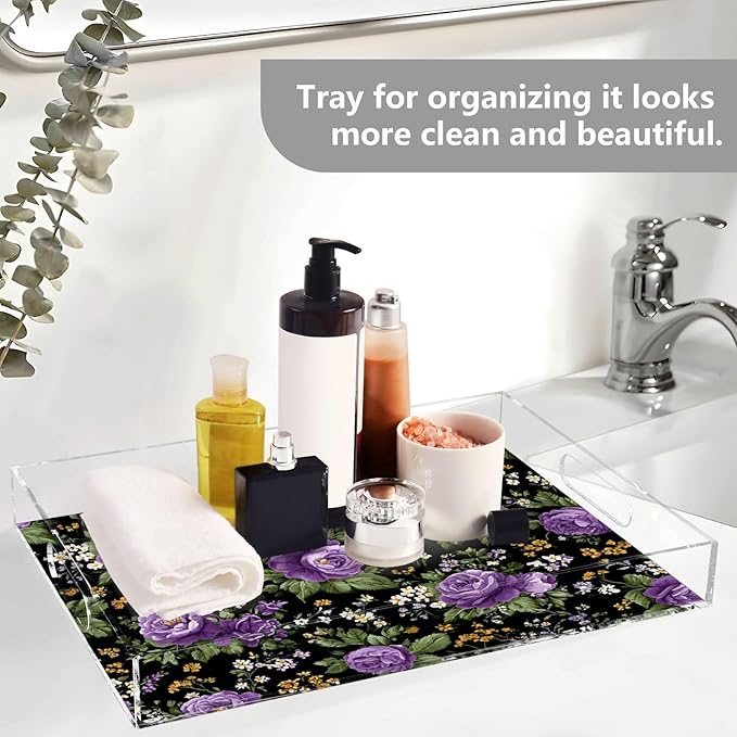 Serving Tray with Handles Clear Acrylic Tray 12x16 Inch Decorative Rectangular Tray Organizer for Ottoman Coffee Table Bathroom Vintage Floral Purple Roses