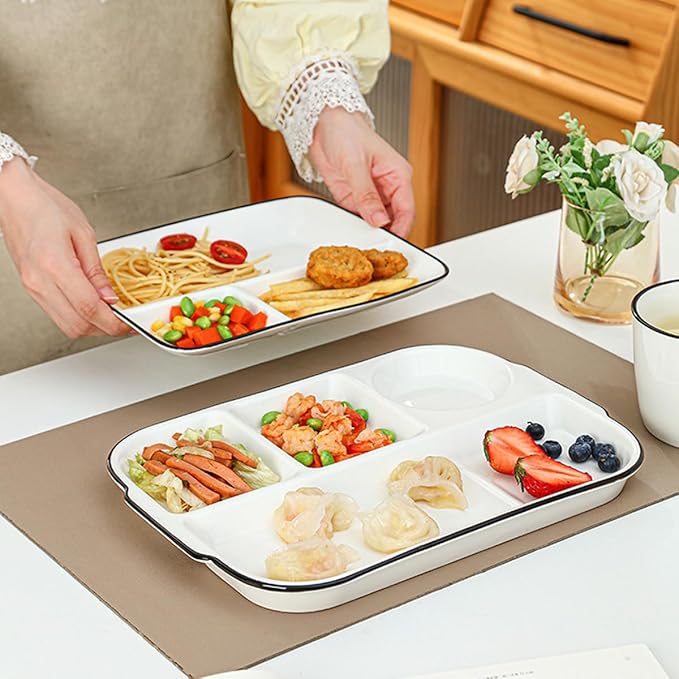 Large White Dinner Plates Ceramic Divided Plate 12 Inch 4 Compartment Porcelain Portion Control Plate for Adults Bariatric Diet - Microwave, Oven, and Dishwasher Safe