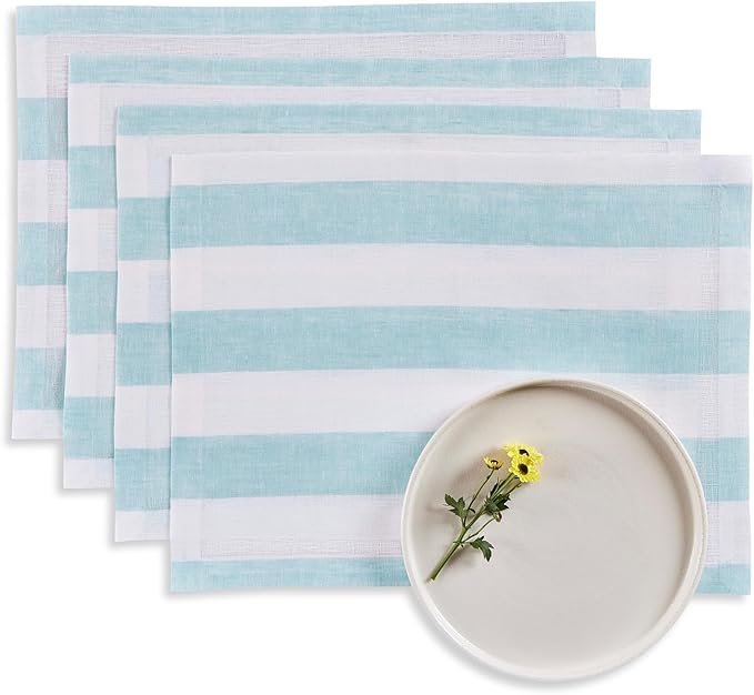 Solino Home Linen Cloth Placemats Set of 4 - Cabana Stripe 100% Pure Linen Aqua and White Farmhouse Placemats 14 x 19 Inch