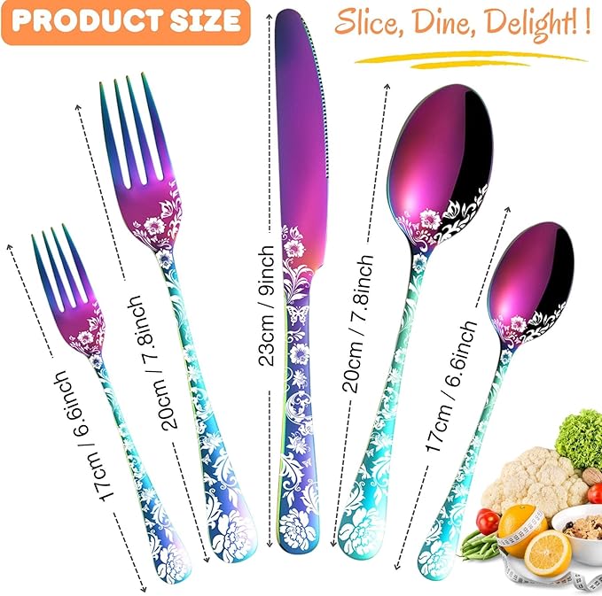Vilihkc 20 piece Peony Flower Pattern Design Silverware Set, Stainless Steel Flatware Set Service for 4,Colorful Cutlery Set, Mirror Polished Utensil Set for Kitchen, Dishwasher Safe