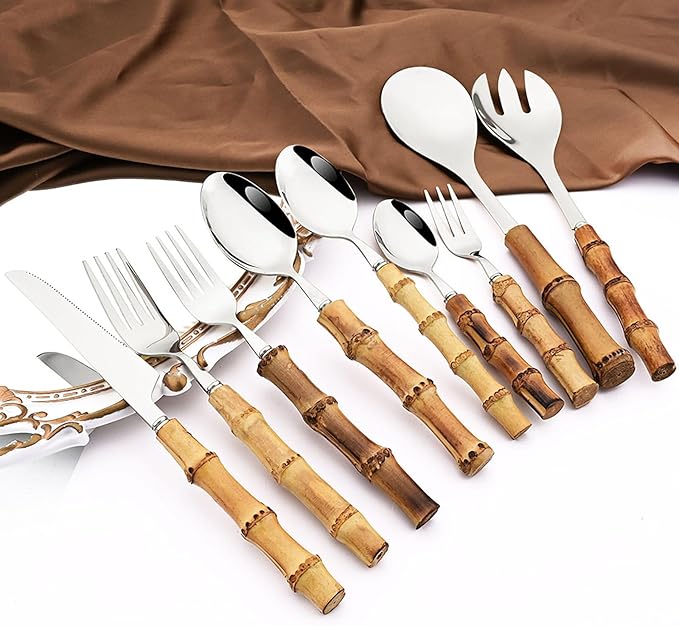 8pcs 304 Stainless Steel Bamboo Handle Cake Fork, Silver 3-Tine Fork Small Resuable Tasting Fork For Dessert Cake Teaforks, 6.3-inch