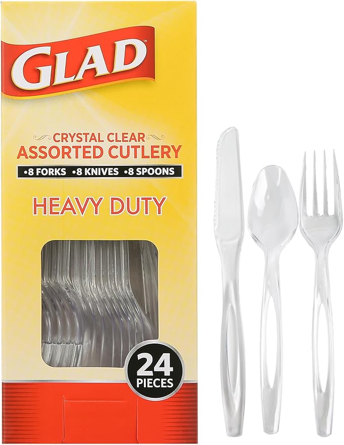 Glad Crystal Clear Assorted Plastic Cutlery Forks, 24 Count | Clear And Heavy Duty Plastic Silverware | 8 Forks, 8 Knives, 8 Spoons | Glad Disposable Tabletop