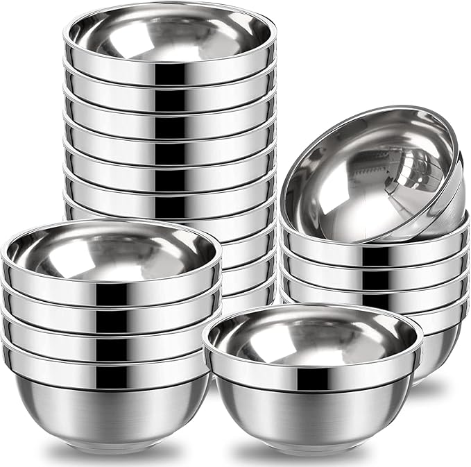 Eccliy 20 Pack Stainless Steel Bowls Set, 17 oz Double Walled Insulated Metal Bowl Bulk for Rice Soup Ice Cream Snacks Salad Cereal Sauces Serving, Easy to Clean, Stackable, 5.1 x 2.6 Inch