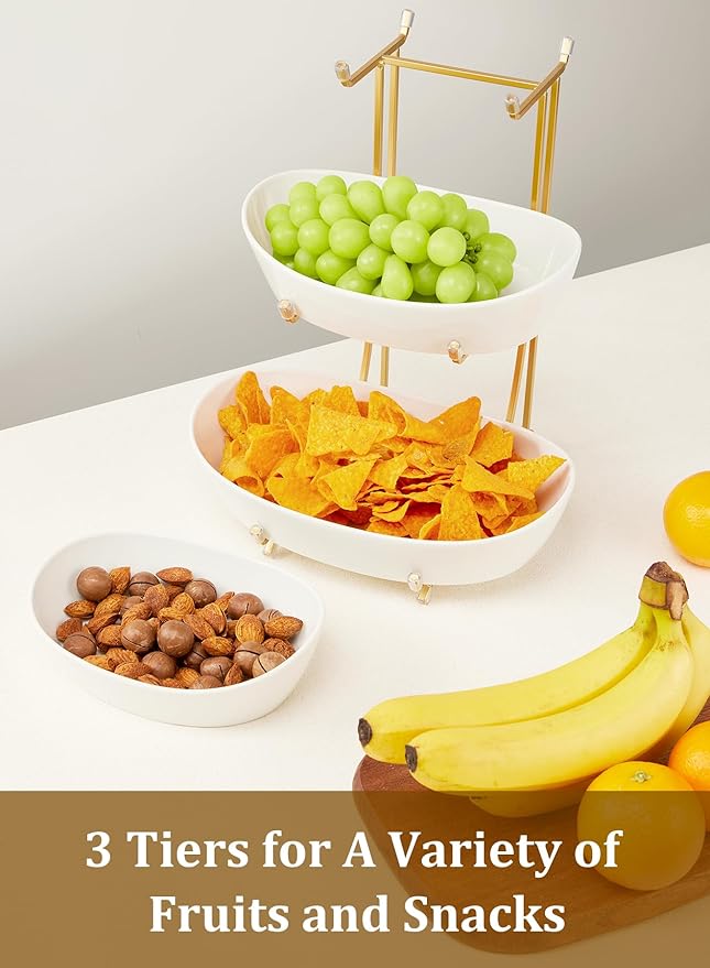 Yedio 3 Tier Fruit Bowl for Kitchen Counter, No Assembly Required Ceramic Fruit Basket with Metal Stand, Tiered Fruit Stand for Countertop for Fruit, Veggies, Snacks, Cake & Desserts