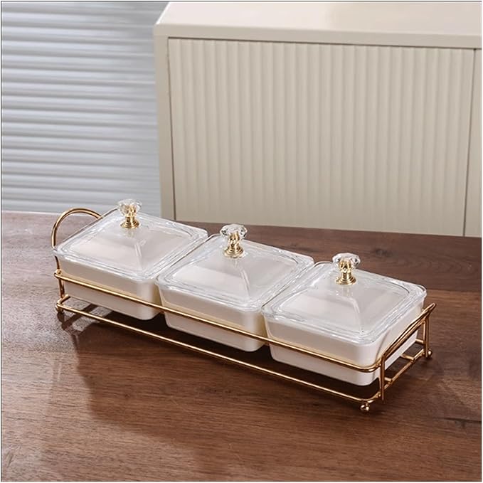 Divided Spice Plate with Lid, Metal Tray, Removable Compartment, Dipping Bowls for Appetizers, Fruit, Ice Cream, Sweets, Nuts, Snacks, Chips, Dip Bowls, Ceramic Sauce Plates (Colour: B)