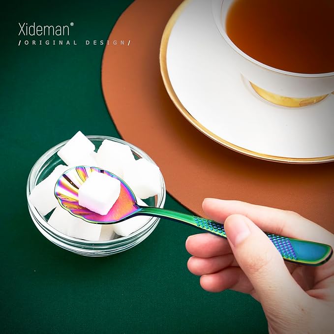 Xideman® 7-Piece Premium Hammered 18/10 Stainless Steel Silverware Serving Utensil Set - Iridescent Hostess Serveware Set with Cake Knife & Cake Server for Parties, Catering, Kitchen, Buffet (Rainbow)