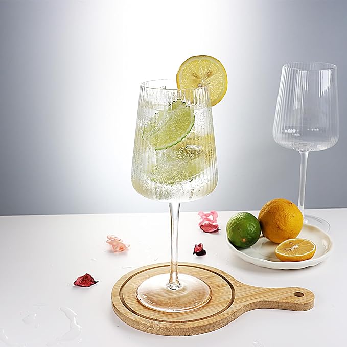 Hand Blown Ribbed Wine Glasses with stem, Clear, Lead-Free Crystal Glasses, Luxury Gift, Set of 4, Unique, 18oz Premium Wine Goblet, Large capacity, Fluted Design