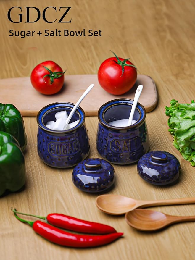 GDCZ 10 Oz Ceramic Salt and Sugar Bowls Set with Lid and Spoons, Seasoning Container, Dishwasher Safe, Set of 2 (Blue)