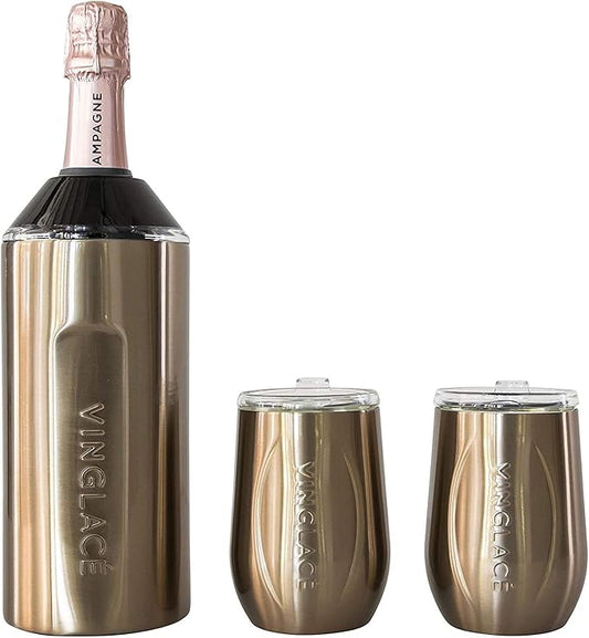 Vinglacé Wine Bottle Chiller Gift Set- Portable Stainless Steel Wine Cooler with 2 Stemless Wine Glasses, Copper