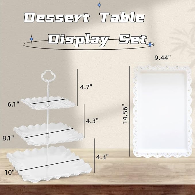 5 Pcs Cupcake Stand Set - Plastic Dessert Table Display Set, 2 White Square 3 Tier Cupcake Display Stands Cookie Tray Rack Serving Tower & 3X 14 in Plastic Trays for Wedding Baby Shower Tea Party