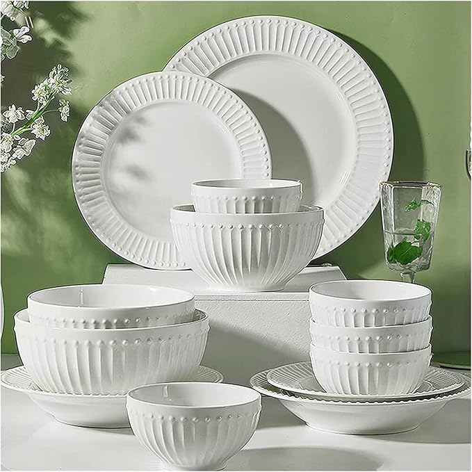 Dinnerware Sets Dish Set,19 PcssPorcelain Tableware Set with Plates and Bowls,White Ceramic Dinner Set,Microwave and Dishwasher Safe