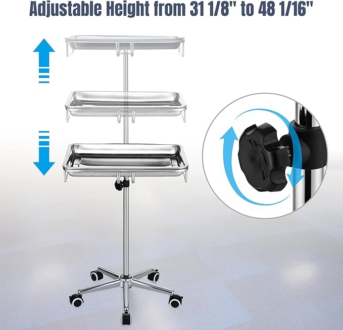 AW Mayo Stand with 2 Trays Stainless Steel Adjustable Height 31"-48" Mobile Medical Cart Trolley 19"x13"x2" Removeable Instrument Trays 5 Pcs Lockable Wheels for Dental Salon Tattoo Esthetician
