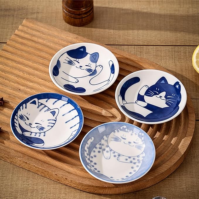 Fashion & Lifestyle Japanese Cute Cat Ceramic Sauce Dish, Seasoning Dish Sushi Soy Dipping Bowl, Appetizer Plates, Serving Dish for Kitchen Home Set of 4