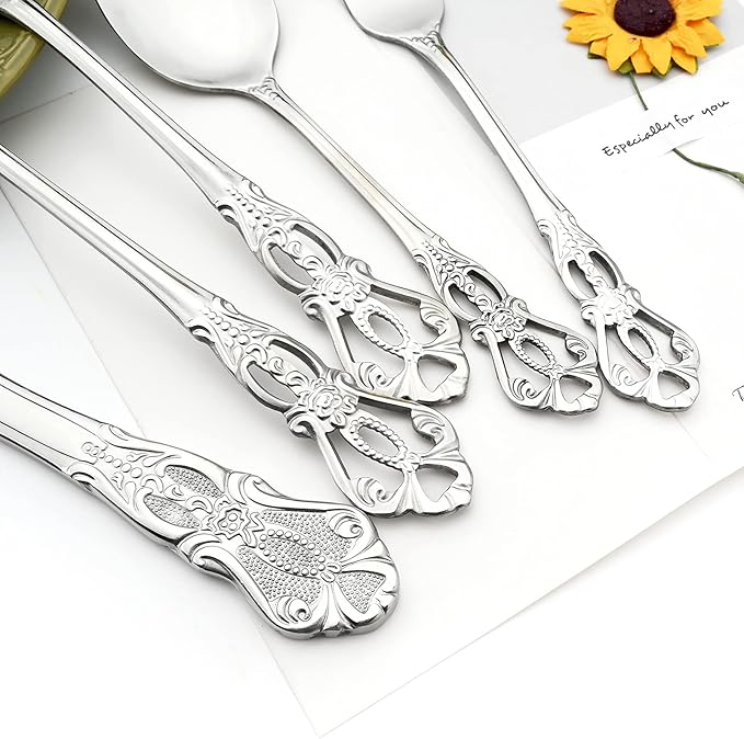 Elegant 32-Piece (4 Set) Retro Flatware Set, Stainless Steel Cutlery Set - Complete Eating Tableware Serving Set, Dishwasher Safe, Shiny Mirror Polish (Silver)