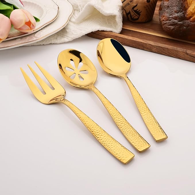 6 PCS Hammered Serving Utensils, Uniturcky Stainless Steel Serving Spoons Set, Square and Thick Hostess Serving Set, Includes 2 Serving Spoon 2 Serving Fork and 2 Slotted Spoon, Mirror Gold