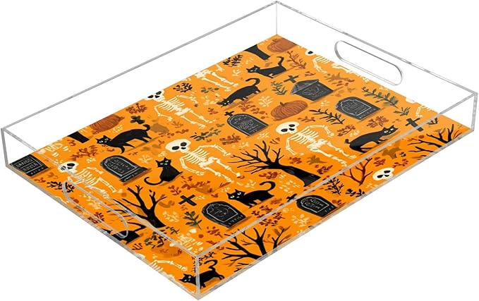 Serving Tray with Handles Clear Acrylic Tray 12x16 Inch Decorative Rectangular Tray Organizer for Ottoman Coffee Table Bathroom Orange Skeletons Cat Bats Tombstones Dead Trees