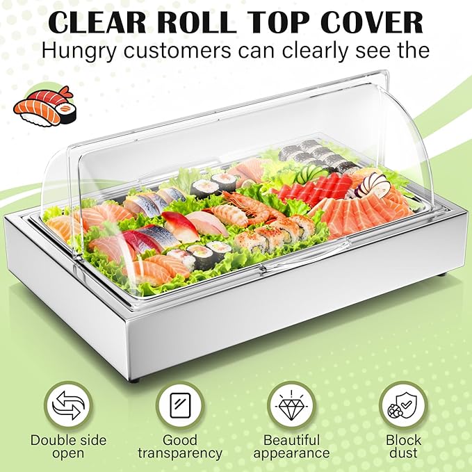 Ice Food Serving Display Tray with Clear Roll Top Cover, 1 x 1 Pan Stainless Steel Cold Food Buffet Condiment Dispenser Display Rack with 1 Clip & 2 Ice Trays for Restaurant Hotel Kitchen Party