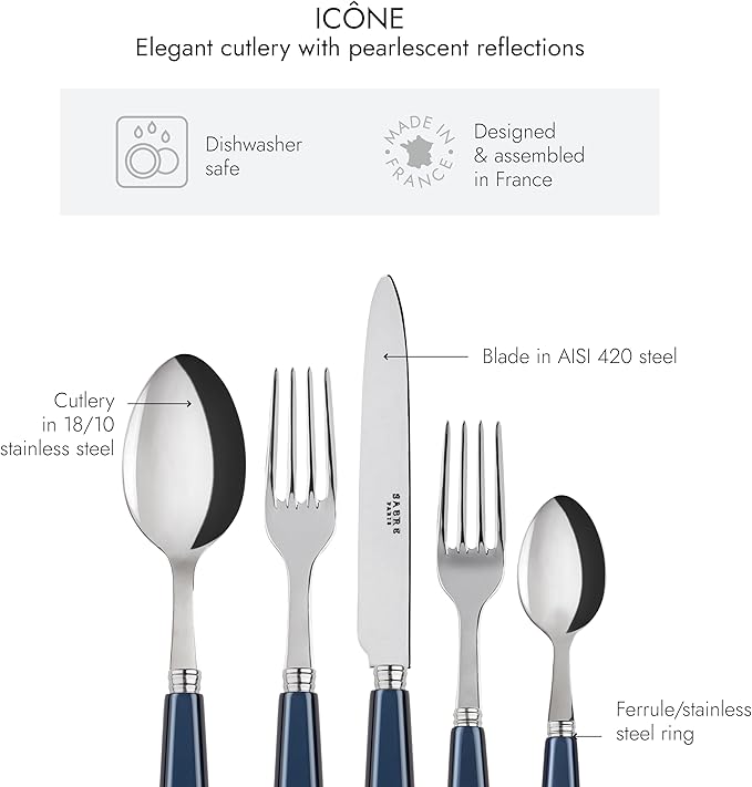 SABRE PARIS - 5-Piece Flatware Set - Icône Collection - Knife, Fork, Soup Spoon, Teaspoon & Dessert Fork - Stainless Steel & Acrylic - Dishwasher Safe - Midnight Blue